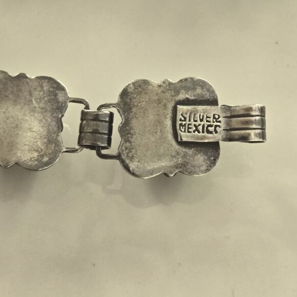 Vintage Pre-1950's Mexico Sterling & Carved Green Stone Link Bracelet - Picture 5 of 9